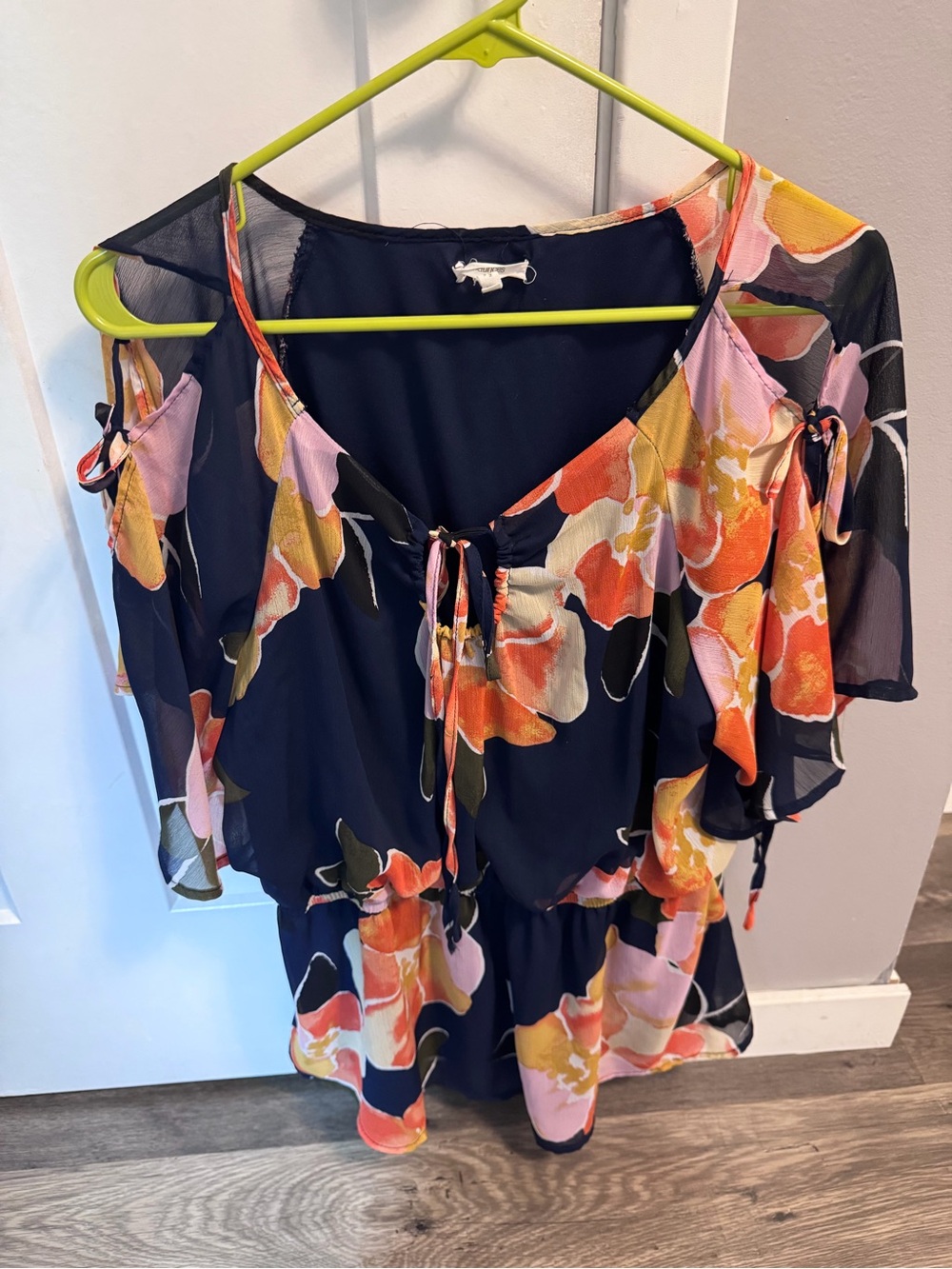 Maurices Navy Floral Cold-Shoulder Blouse with Front Tie